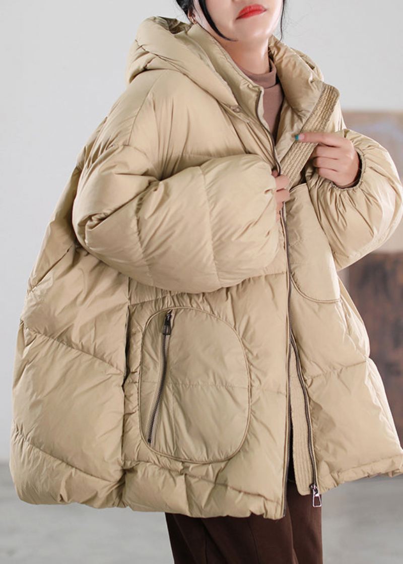 Organisk Khaki Stand Krage Glidelås Patchwork Hette Duck Down Coat Vinter