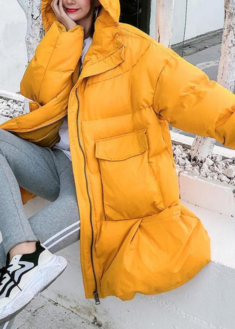 Oversized Dunjakke Store Lommer Vinter Outwear Gule Hette Damefrakker