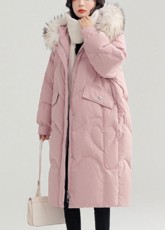 Pink Button Patchwork Duck Down Puffer Coat Glidelås Med Lange Ermer