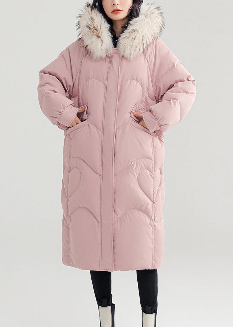 Pink Button Patchwork Duck Down Puffer Coat Glidelås Med Lange Ermer - Dunjakker for kvinner