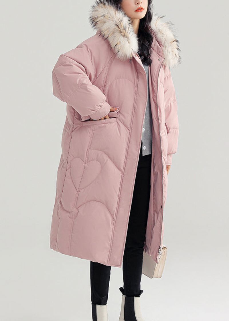 Pink Button Patchwork Duck Down Puffer Coat Glidelås Med Lange Ermer - Dunjakker for kvinner