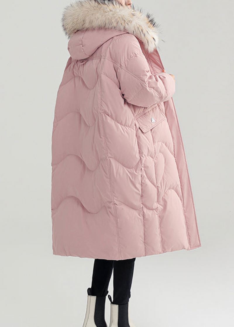 Pink Button Patchwork Duck Down Puffer Coat Glidelås Med Lange Ermer - Dunjakker for kvinner