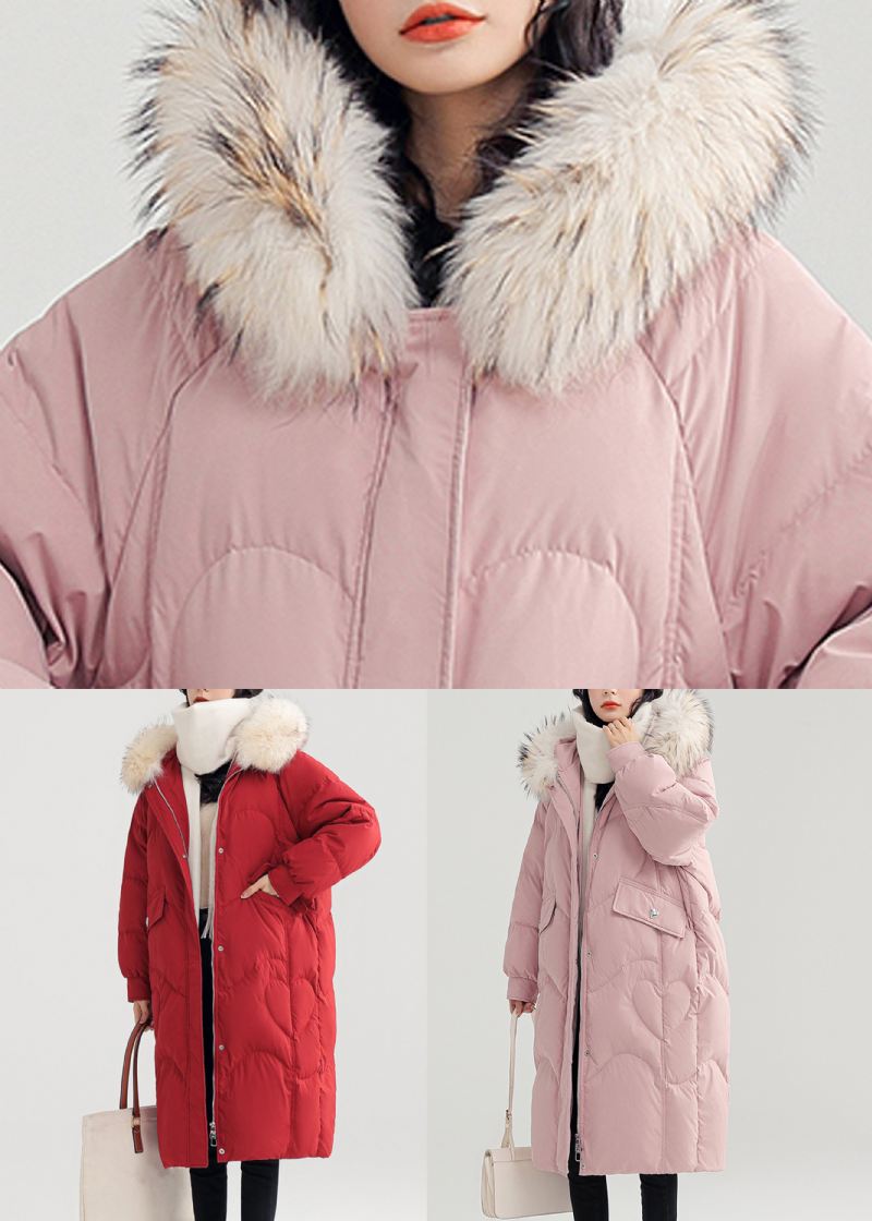 Pink Button Patchwork Duck Down Puffer Coat Glidelås Med Lange Ermer - Dunjakker for kvinner