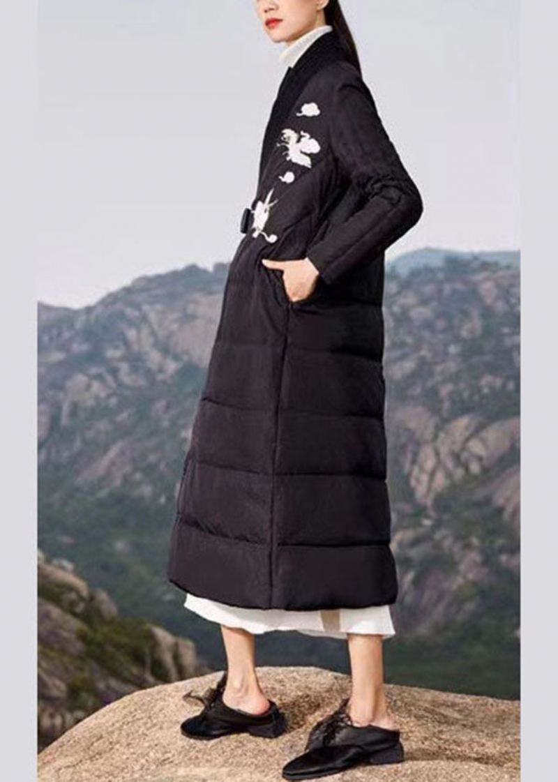 Plus Size Black Brodered Tie Midje Duck Down Puffer Coat Vinter - Svart