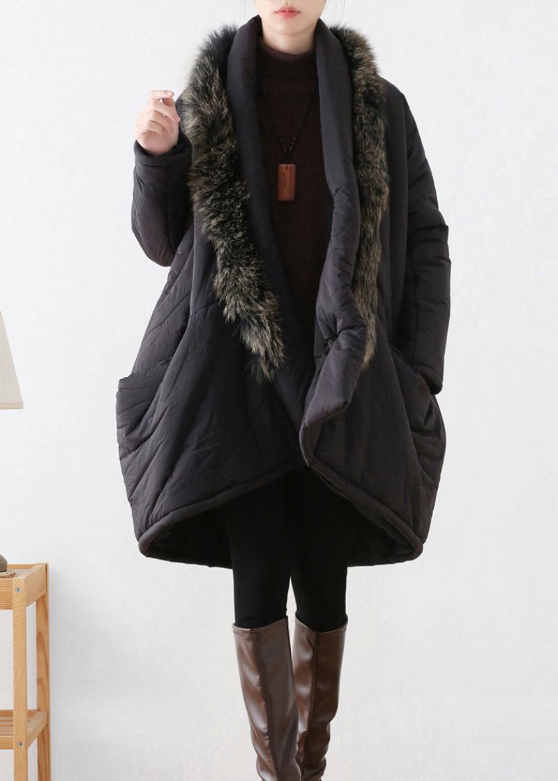 Plus Size Black Pelskrage Varm Tykk Parka Winter