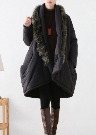 Plus Size Black Pelskrage Varm Tykk Parka Winter