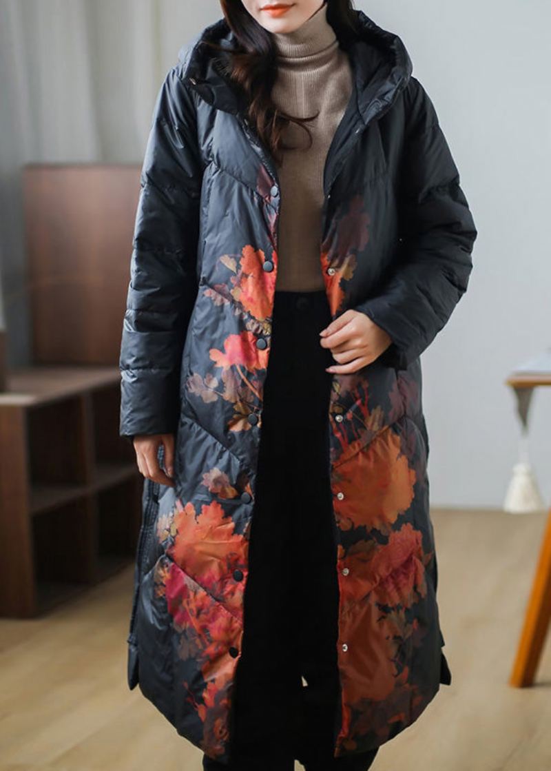 Plus Size Black Print Varm Fleece Tykk Andedun Lang Dunfrakk Vinter