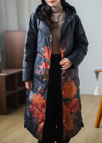 Plus Size Black Print Varm Fleece Tykk Andedun Lang Dunfrakk Vinter