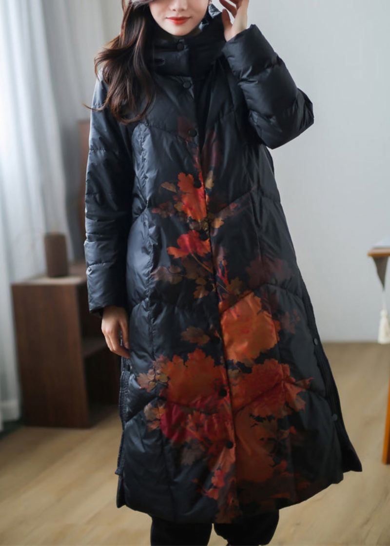 Plus Size Black Print Varm Fleece Tykk Andedun Lang Dunfrakk Vinter - Svart