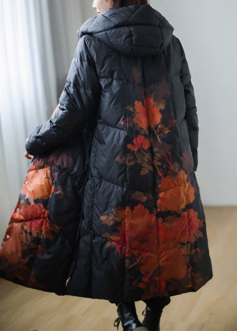 Plus Size Black Print Varm Fleece Tykk Andedun Lang Dunfrakk Vinter - Svart