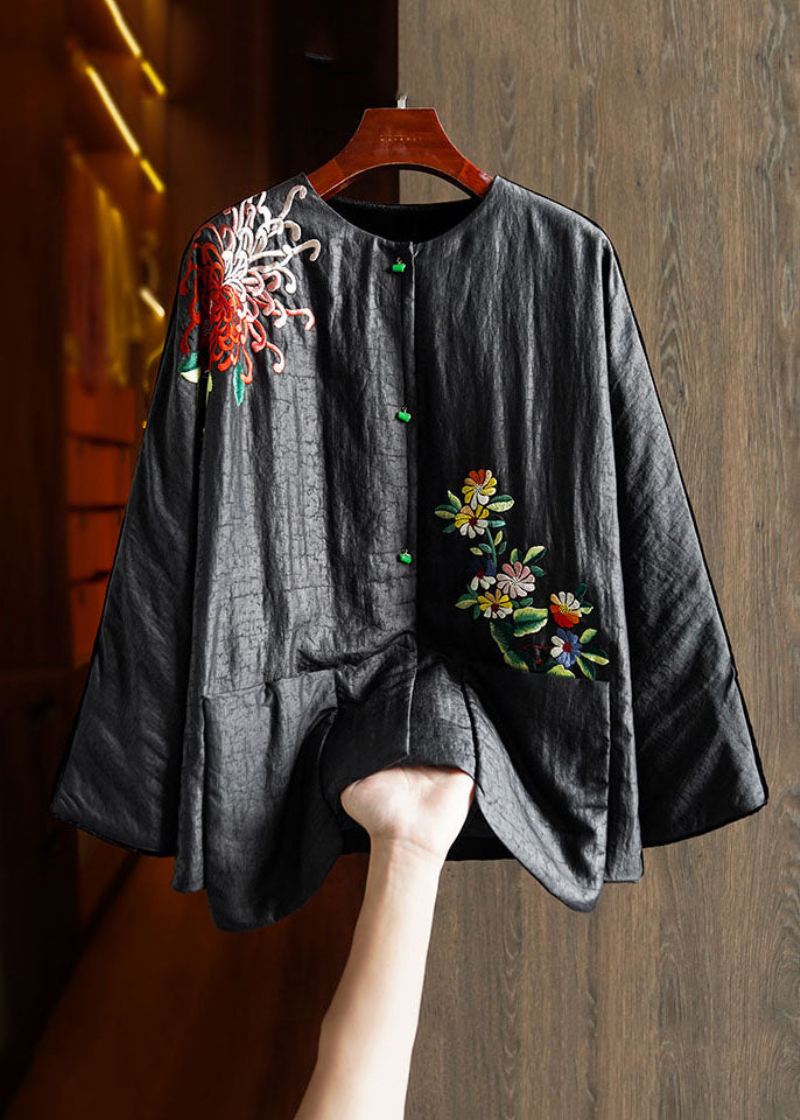 Plus Size Black Printing Floral Button Silke Velour Parka Winter