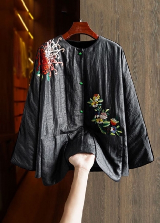 Plus Size Black Printing Floral Button Silke Velour Parka Winter