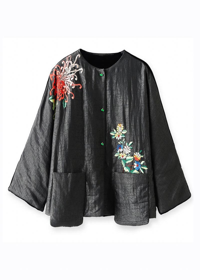 Plus Size Black Printing Floral Button Silke Velour Parka Winter - Dunjakker for kvinner