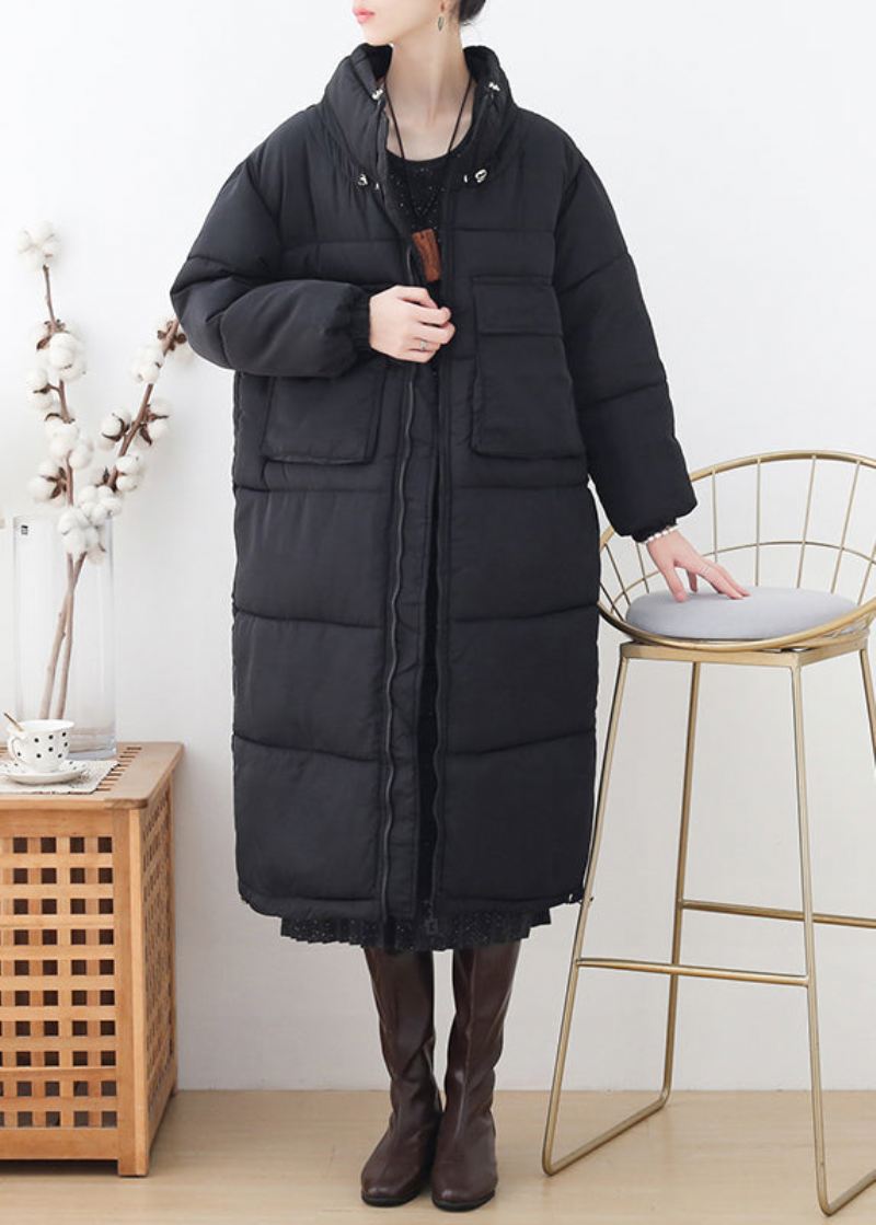 Plus Size Black Stand Krage Glidelås Tykk Lang Parka Winter