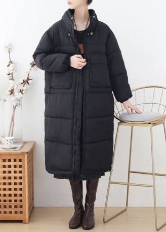 Plus Size Black Stand Krage Glidelås Tykk Lang Parka Winter