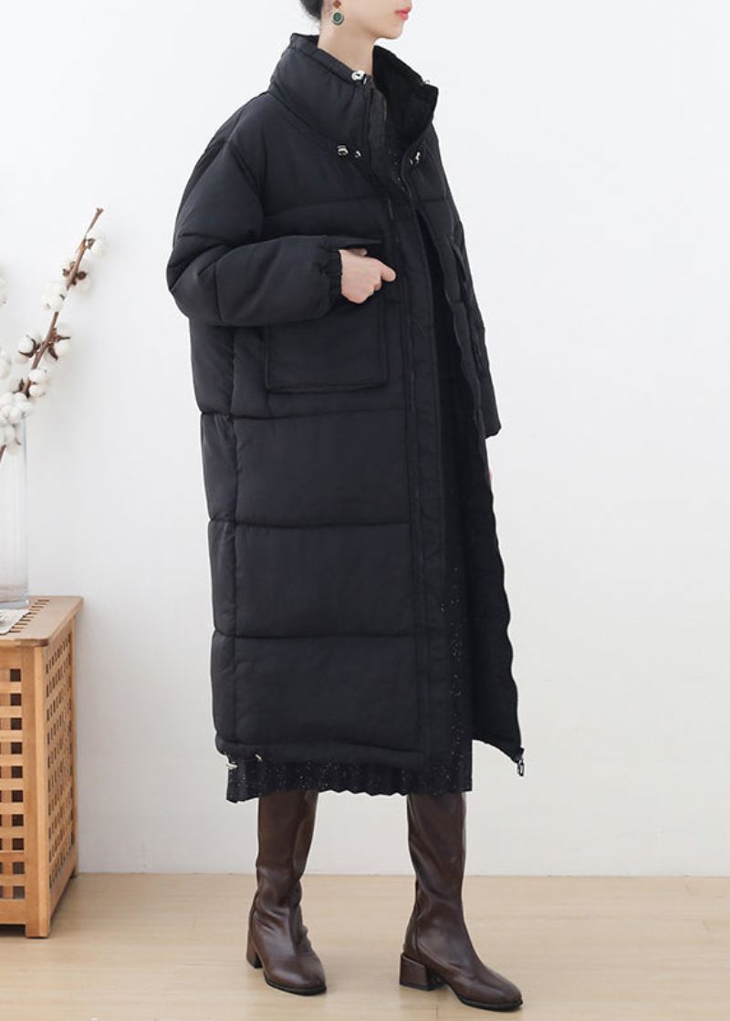 Plus Size Black Stand Krage Glidelås Tykk Lang Parka Winter - Svart