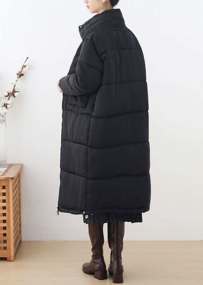 Plus Size Black Stand Krage Glidelås Tykk Lang Parka Winter - Svart