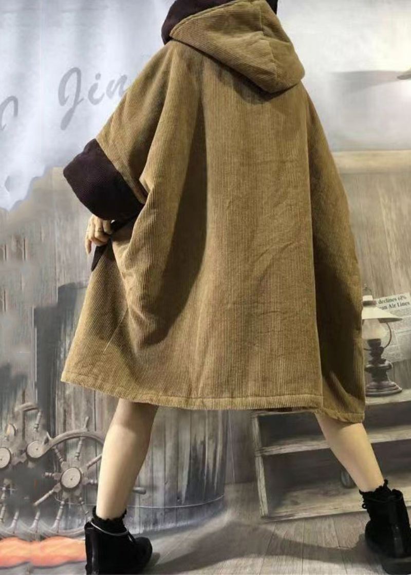 Plus Size Camel Hettelommer Patchwork Corduroy Varm Fleecejakke Vinter - Dunjakker for kvinner