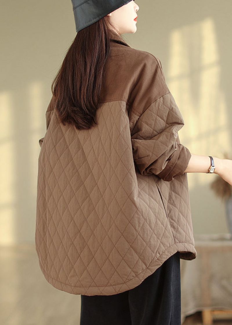 Plus Size Coffee Oversized Patchwork Fin Bomullsjakke Vinter - Dunjakker for kvinner