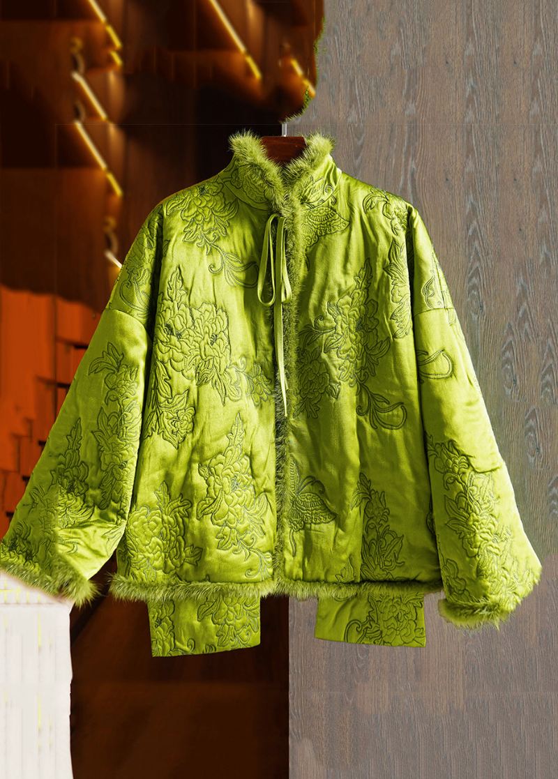 Plus Size Green Lace Up Mink Hair Patchwork Silk Parka Winter - Dunjakker for kvinner