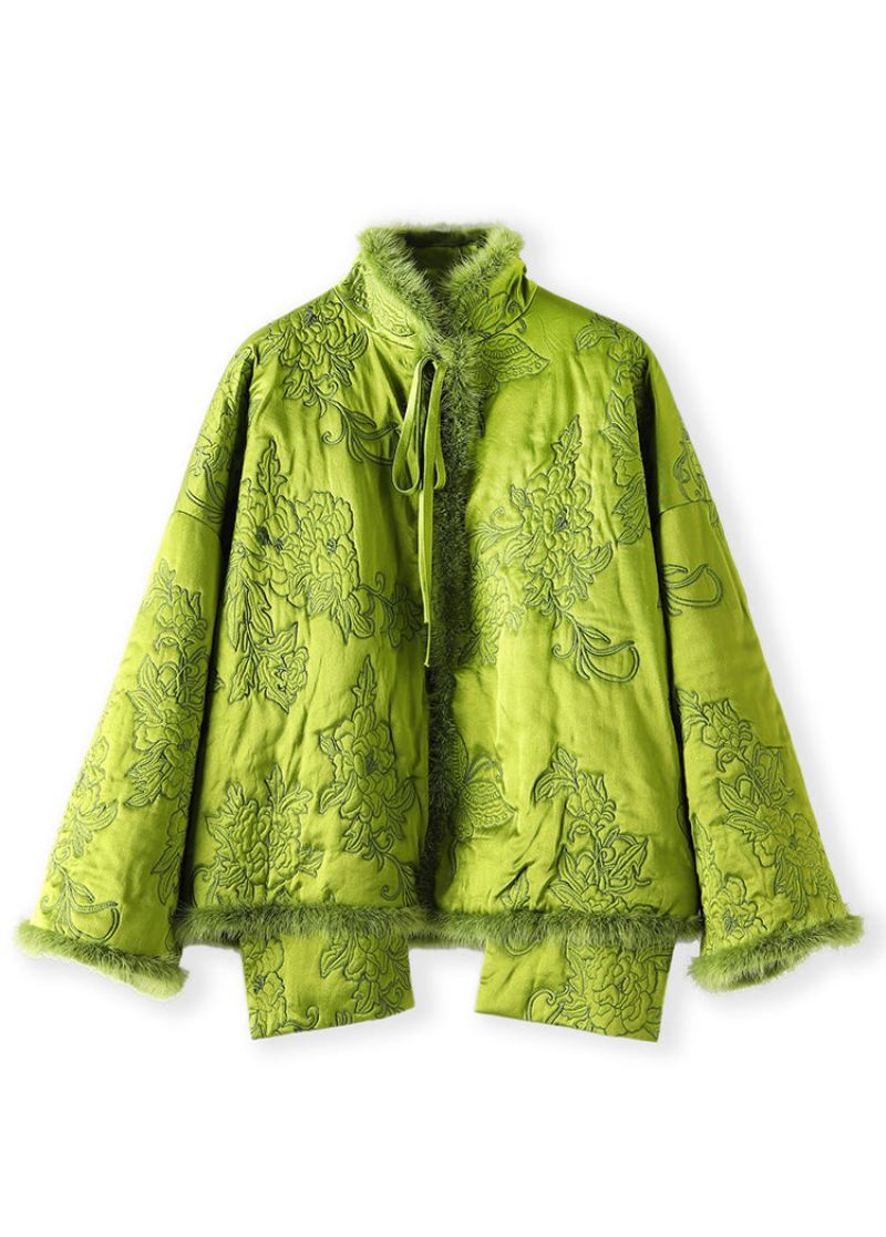 Plus Size Green Lace Up Mink Hair Patchwork Silk Parka Winter - Dunjakker for kvinner