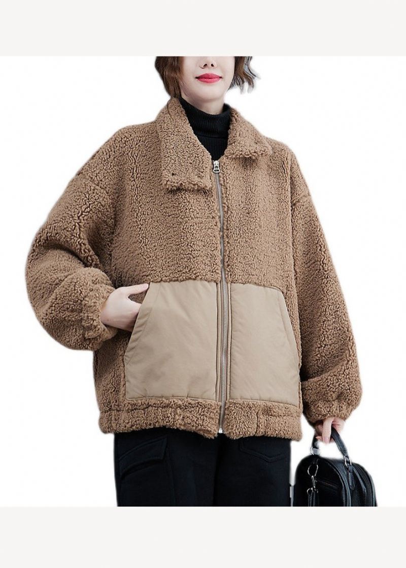 Plus Size Kaffe Glidelås Lommer Patchwork Faux Fur Jacket Vinter - Dunjakker for kvinner