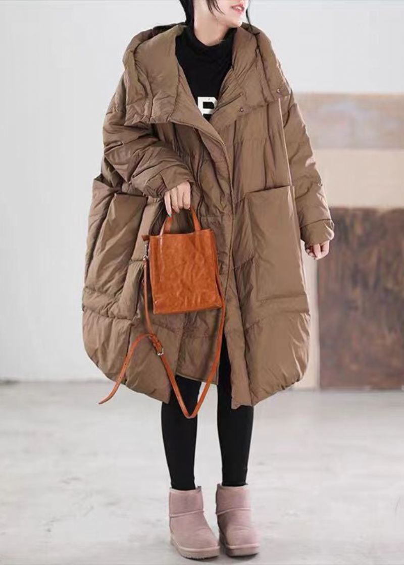 Plus Size Kaffehette Med Glidelåslommer Duck Down Coat Langermet