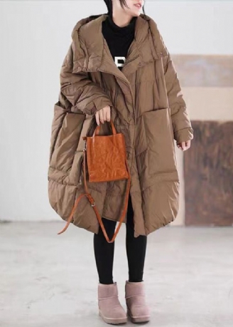 Plus Size Kaffehette Med Glidelåslommer Duck Down Coat Langermet