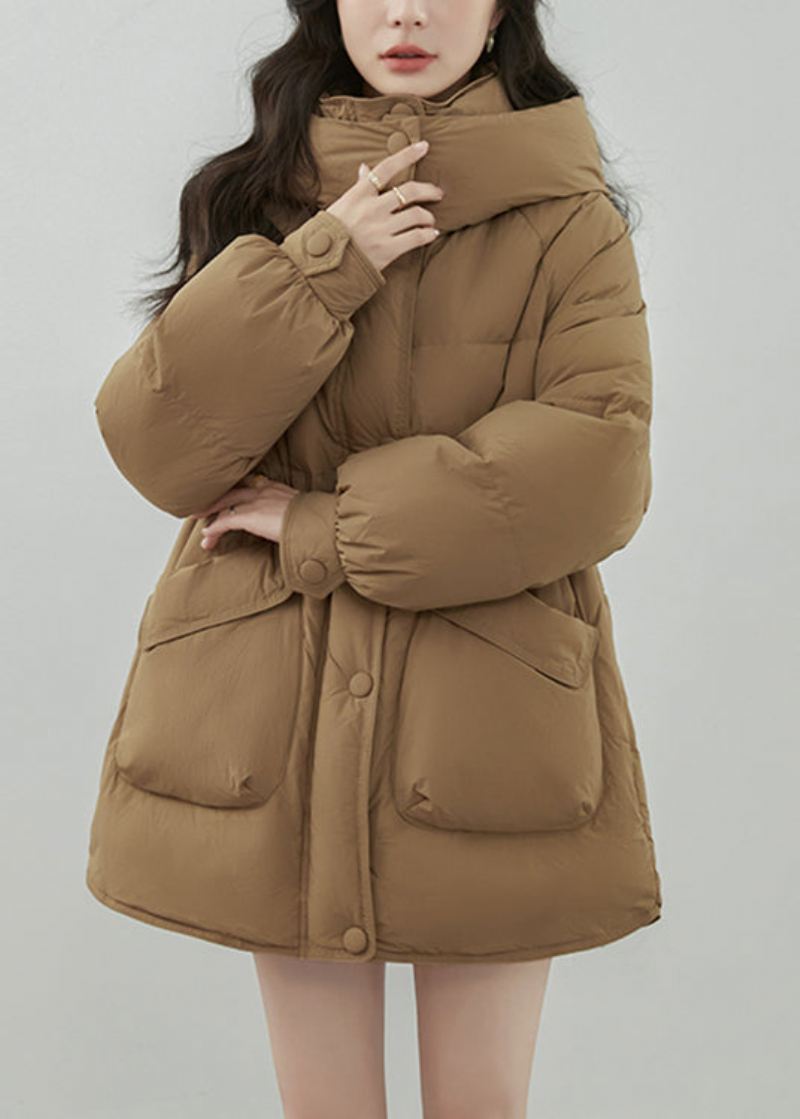 Plus Size Khaki Hette Zip Up Lommer Duck Down Coats Vinter