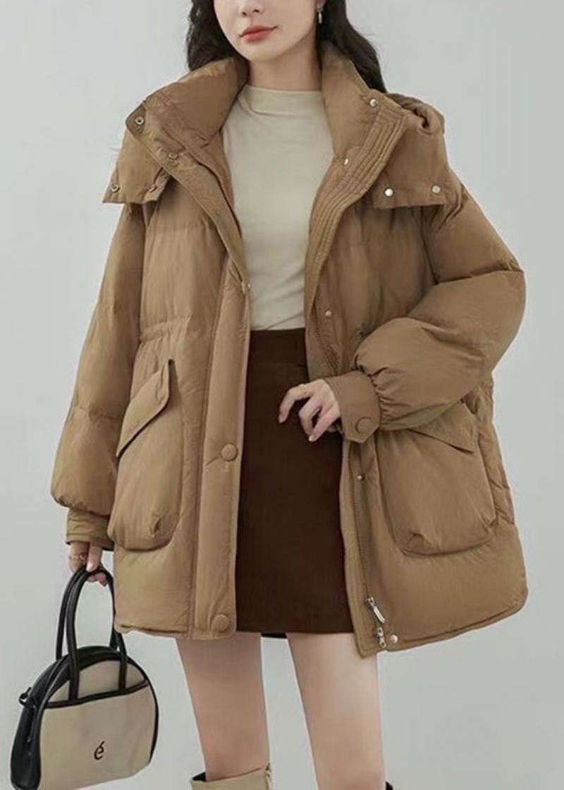 Plus Size Khaki Hette Zip Up Lommer Duck Down Coats Vinter - Dunjakker for kvinner