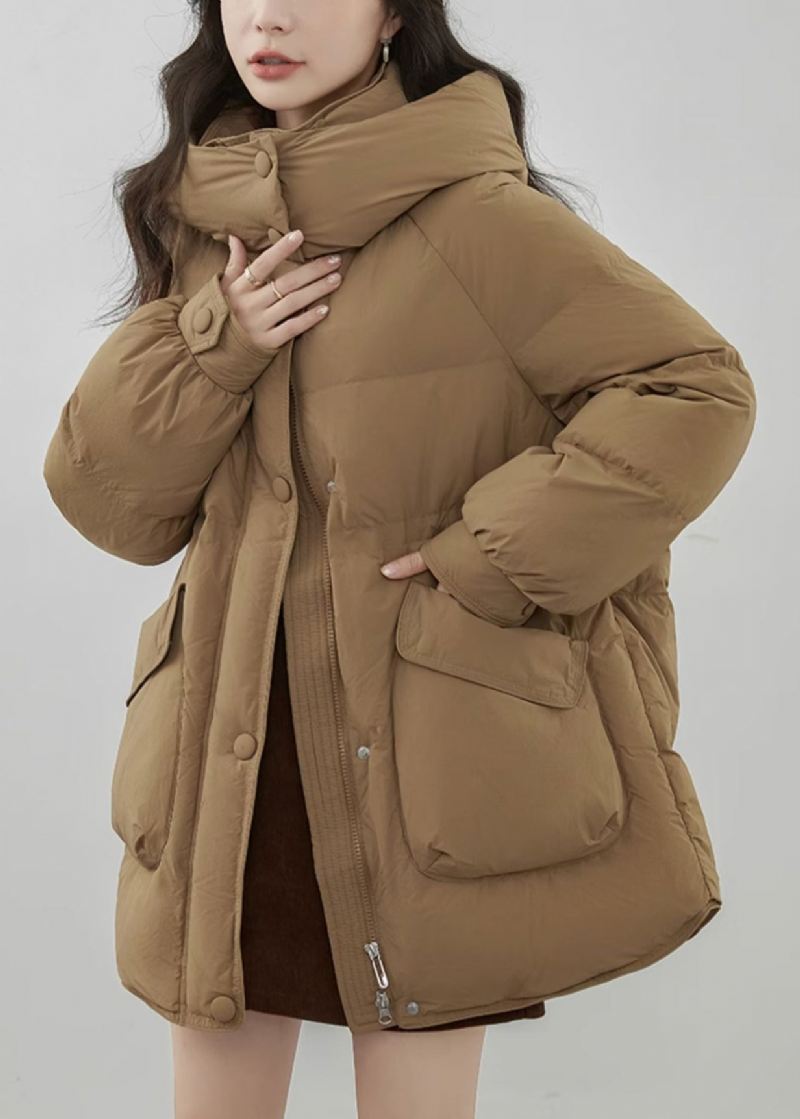 Plus Size Khaki Hette Zip Up Lommer Duck Down Coats Vinter - Dunjakker for kvinner