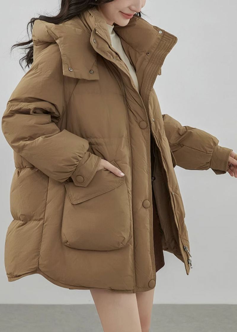 Plus Size Khaki Hette Zip Up Lommer Duck Down Coats Vinter - Dunjakker for kvinner