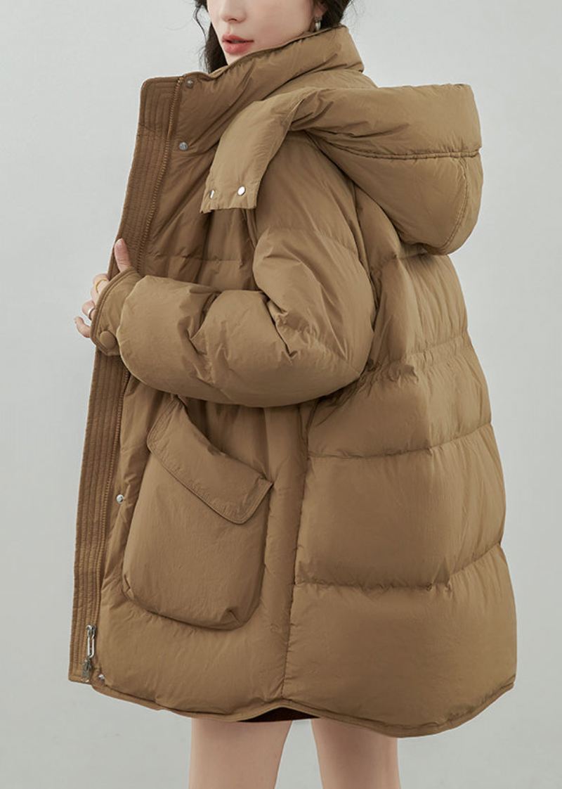 Plus Size Khaki Hette Zip Up Lommer Duck Down Coats Vinter - Dunjakker for kvinner