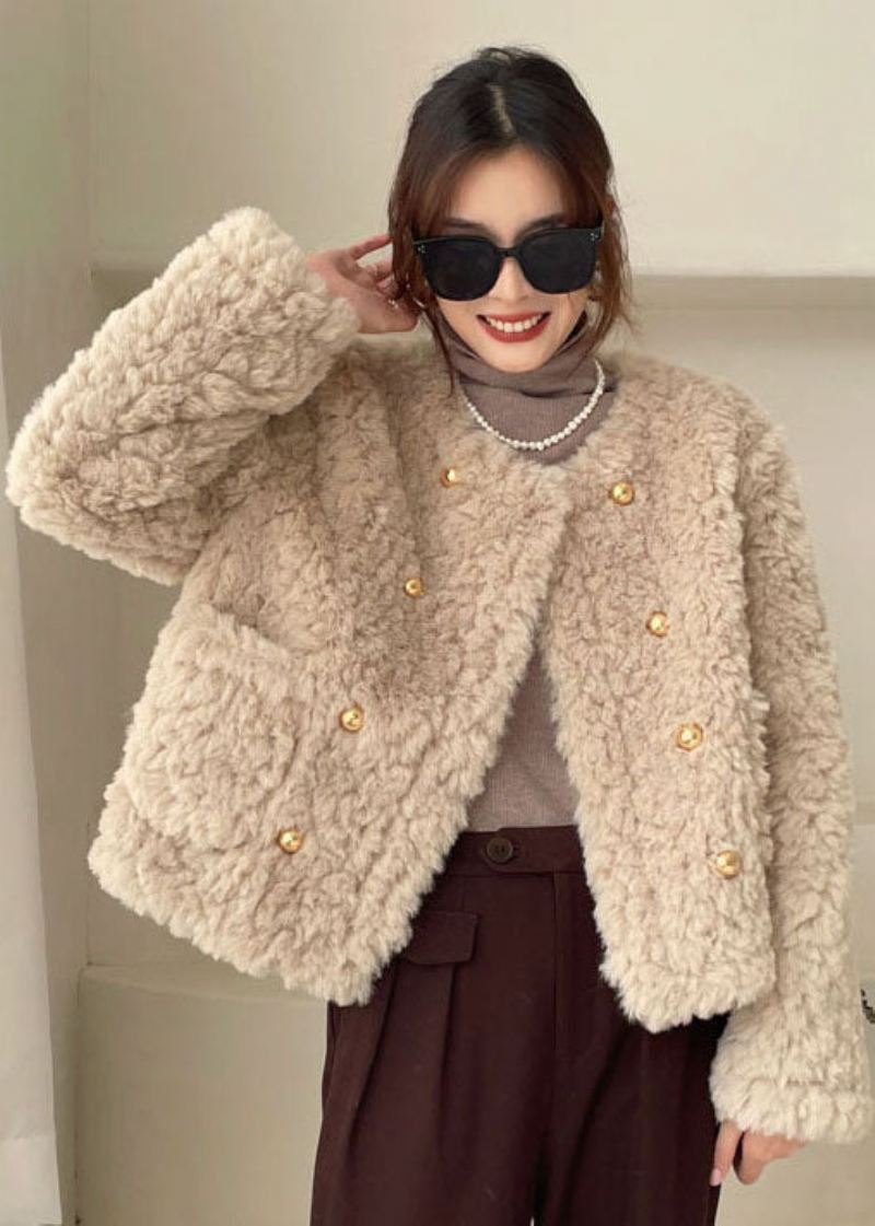 Plus Size Khaki Lommer Faux Fur Vinterfrakker Vinter - Hvit