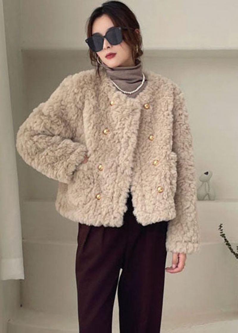 Plus Size Khaki Lommer Faux Fur Vinterfrakker Vinter - Hvit