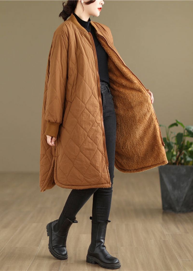 Plus Size Khaki Lommer Glidelås Varm Fleece Dame Kåpe Vinter