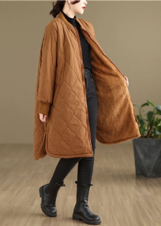 Plus Size Khaki Lommer Glidelås Varm Fleece Dame Kåpe Vinter