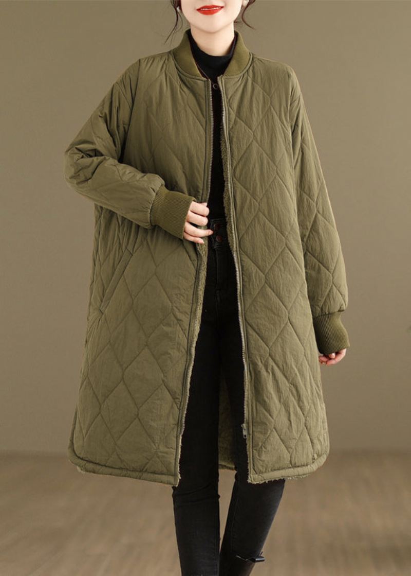 Plus Size Khaki Lommer Glidelås Varm Fleece Dame Kåpe Vinter - Dunjakker for kvinner