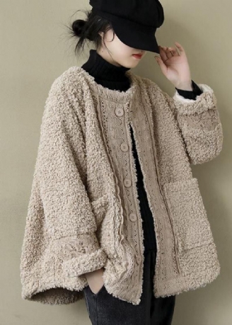 Plus Size Khaki O-neck Lacer Patchwork Teddy Faux Fur Parka Winter