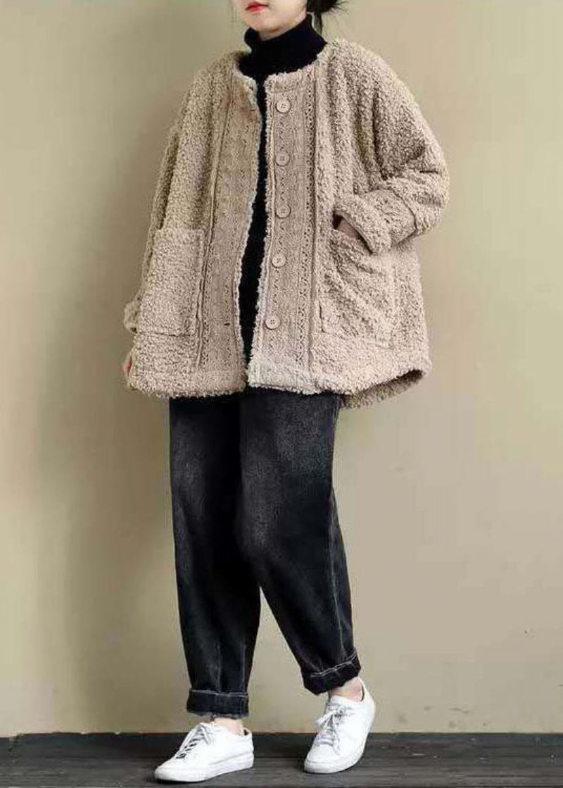 Plus Size Khaki O-neck Lacer Patchwork Teddy Faux Fur Parka Winter - Dunjakker for kvinner