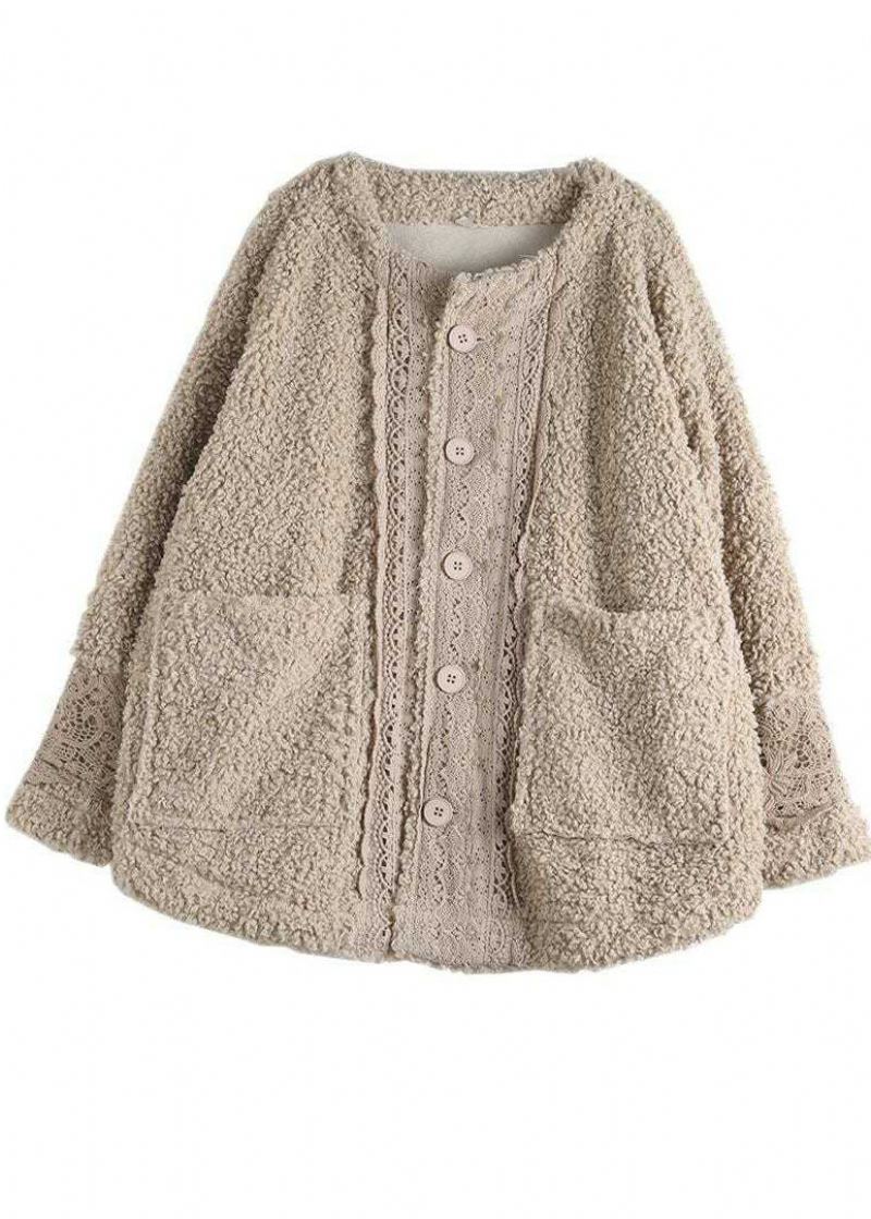 Plus Size Khaki O-neck Lacer Patchwork Teddy Faux Fur Parka Winter - Dunjakker for kvinner