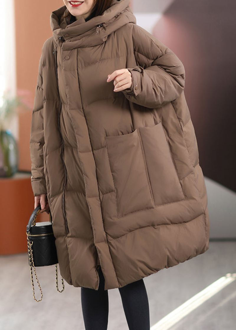 Plus Size Khaki Oversized Patchwork Lommer Duck Down Vinterfrakker - Dunjakker for kvinner