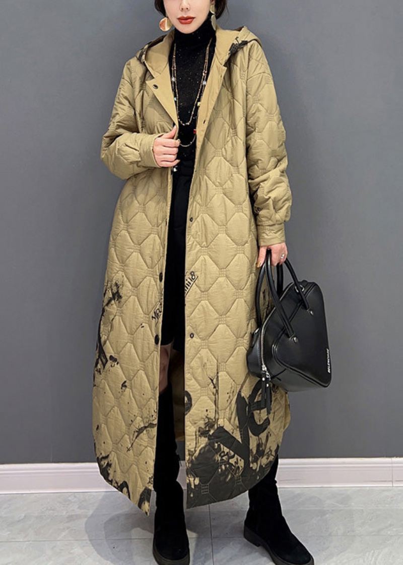 Plus Size Khaki Varm Fleece Tykk Knapp Lang Hette Parka Vinter - Dunjakker for kvinner