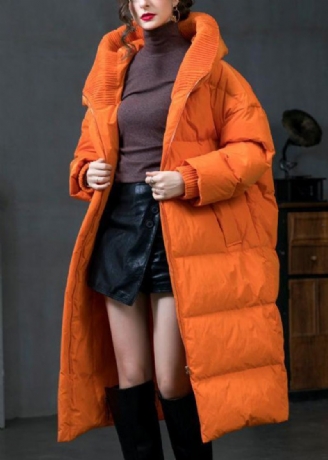 Plus Size Oransje Hette Zip Up Duck Down Coat Langermet