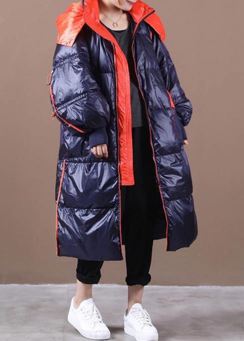 Plus Size Parkas Overjakke For Kvinner Mørk Blå Hette Patchwork Gåsedun Frakk