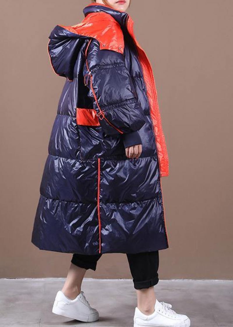 Plus Size Parkas Overjakke For Kvinner Mørk Blå Hette Patchwork Gåsedun Frakk - Dunjakker for kvinner