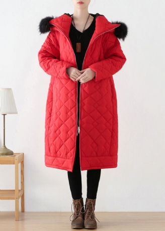 Plus Size Rød Glidelås Tykk Hette Lang Parka Vinter