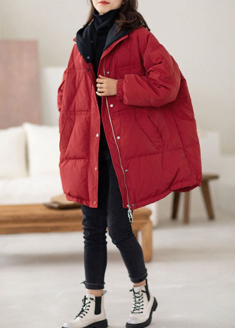 Plus Size Rød Hette Patchwork Duck Down Puffers Jakker Vinter - Dunjakker for kvinner