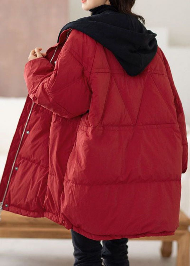 Plus Size Rød Hette Patchwork Duck Down Puffers Jakker Vinter - Dunjakker for kvinner