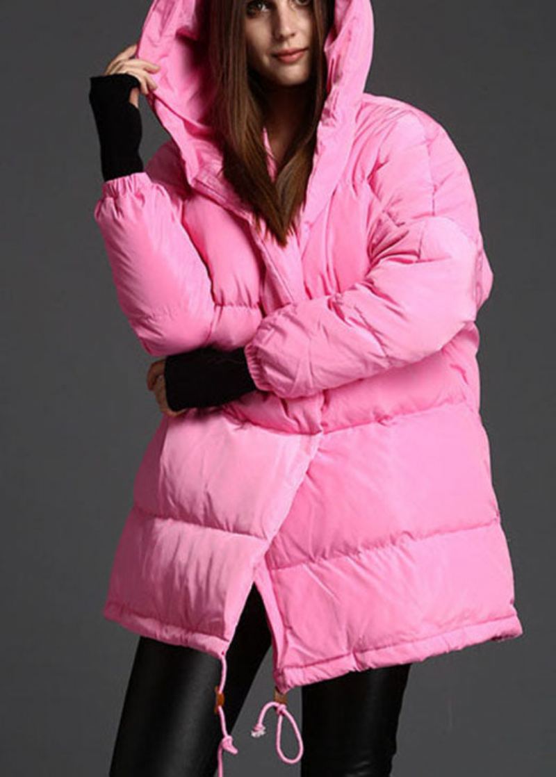 Plus Size Rosa Hette Og Snøring Vinter Duck Down Coat